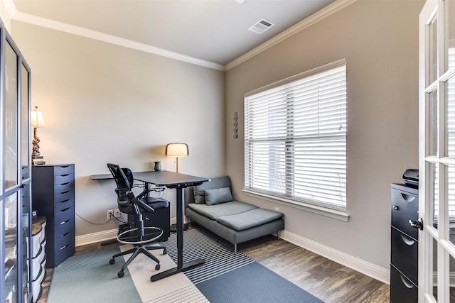 home office featuring ornamental molding and dark hardwood / wood-style flooring