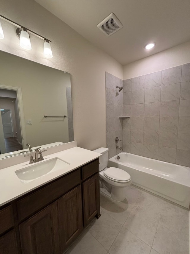 bathroom with recessed lighting, bathtub / shower combination, toilet, vanity, and visible vents