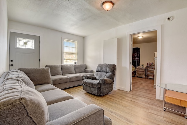 living room with a textured ceiling and light hardwood / wood-style flooring