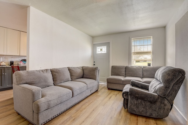 living room featuring light wood-type flooring and a textured ceiling