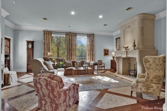 sitting room with crown molding and a fireplace