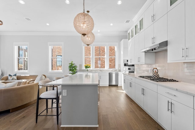 kitchen featuring tasteful backsplash, a healthy amount of sunlight, under cabinet range hood, ornamental molding, and appliances with stainless steel finishes