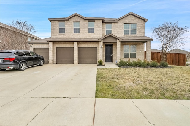 view of front of house featuring a garage, brick siding, fence, concrete driveway, and a front yard