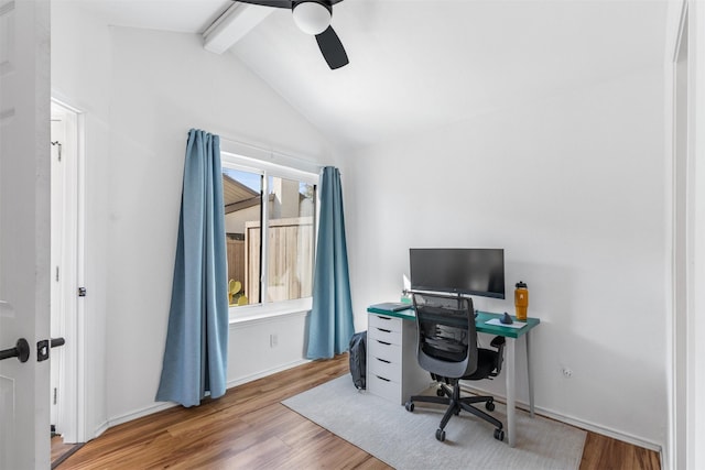 821 Dublin Dr Unit 143, Richardson, TX 75080 - office area with baseboards, wood finished floors, lofted ceiling with beams, and ceiling fan