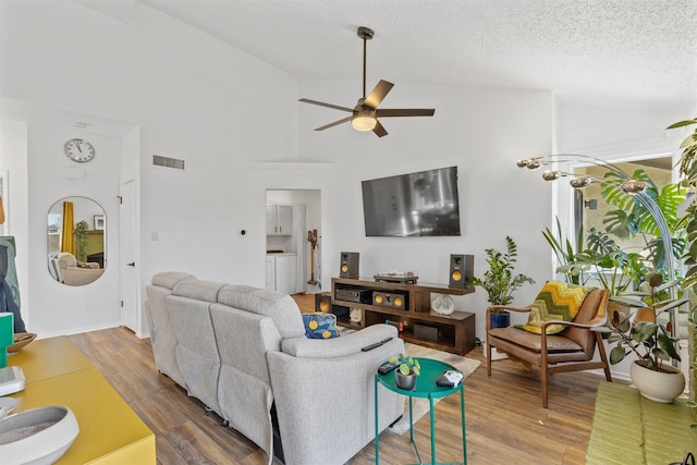 821 Dublin Dr Unit 143, Richardson, TX 75080 - living area featuring wood finished floors, a textured ceiling, high vaulted ceiling, visible vents, and ceiling fan