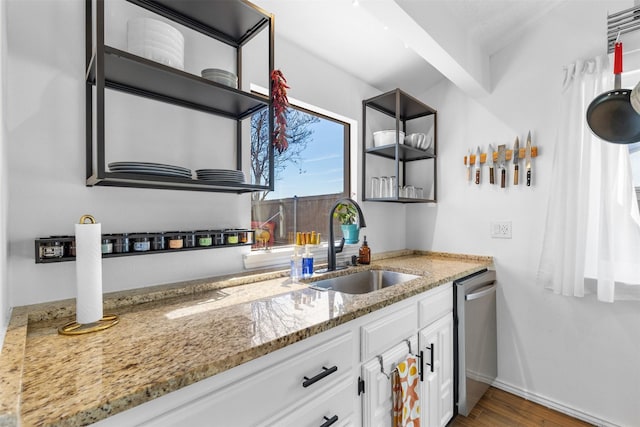 821 Dublin Dr Unit 143, Richardson, TX 75080 - kitchen featuring stainless steel dishwasher, open shelves, white cabinetry, and a sink