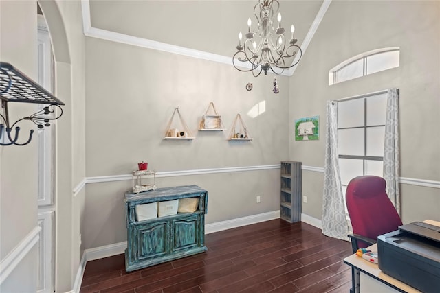 office area with dark wood-type flooring, vaulted ceiling, and crown molding