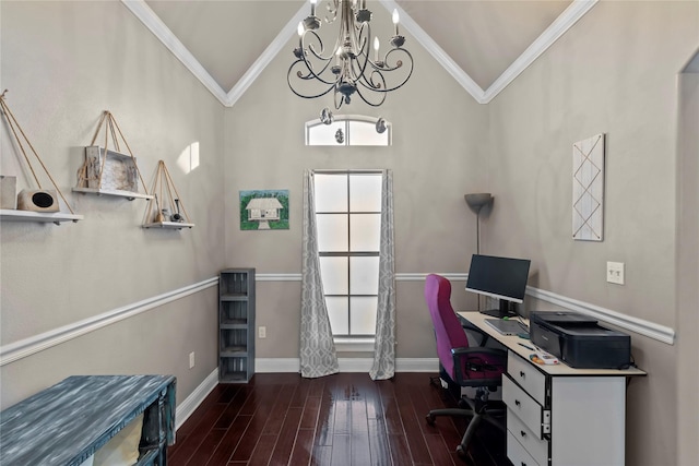 home office featuring crown molding, vaulted ceiling, dark hardwood / wood-style flooring, and a notable chandelier