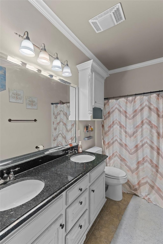 bathroom with toilet, tile patterned flooring, vanity, and ornamental molding