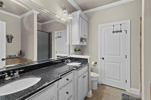 bathroom featuring an enclosed shower, tile patterned flooring, toilet, vanity, and crown molding