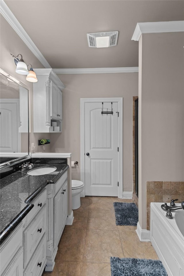 full bathroom with plus walk in shower, tile patterned flooring, toilet, ornamental molding, and vanity