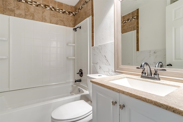 full bath with toilet, washtub / shower combination, tile walls, and vanity