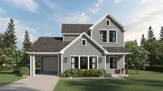 view of front of house featuring driveway, a shingled roof, and a front yard