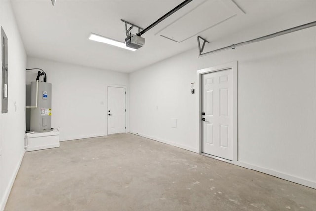 garage with a garage door opener, water heater, and baseboards