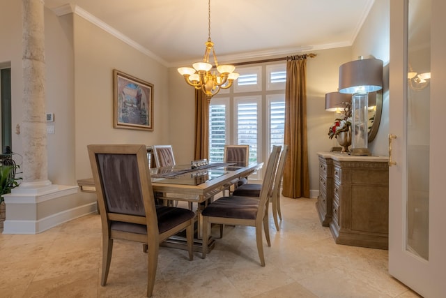 dining area with crown molding and an inviting chandelier