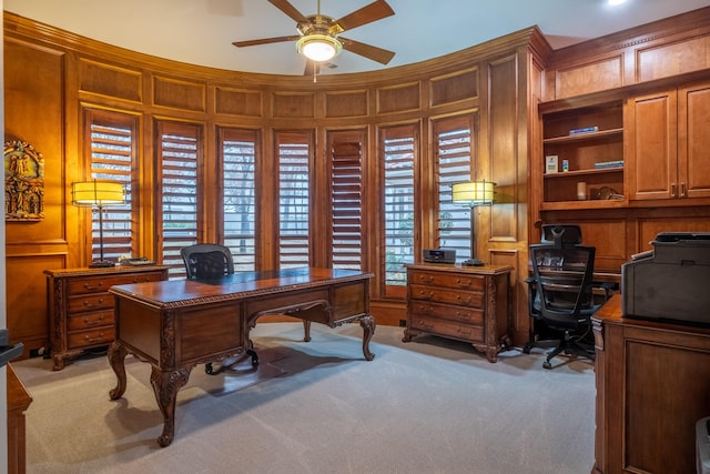 office area featuring ceiling fan and light colored carpet