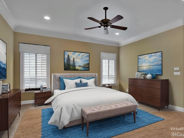 tiled bedroom featuring ceiling fan and ornamental molding