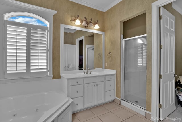 bathroom featuring ornamental molding, tile patterned flooring, independent shower and bath, and vanity