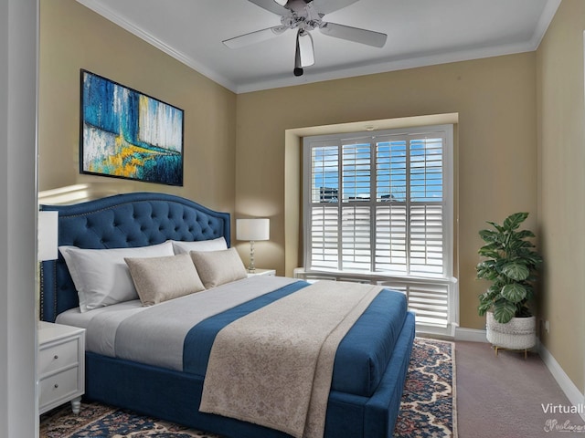 bedroom featuring carpet, ornamental molding, and ceiling fan