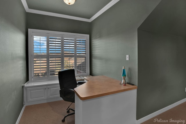 carpeted home office with crown molding