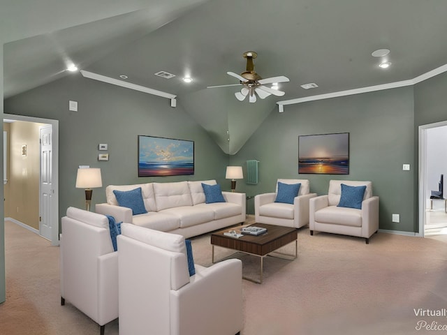 living room with ceiling fan, light carpet, and lofted ceiling