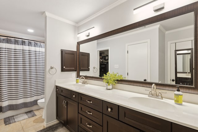 bathroom featuring vanity, tile patterned flooring, toilet, a shower with shower curtain, and ornamental molding