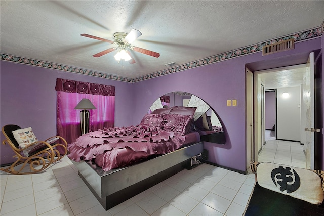 bedroom with a ceiling fan, visible vents, and a textured ceiling