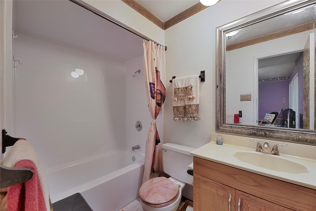 bathroom featuring toilet, shower / tub combo, vanity, and crown molding