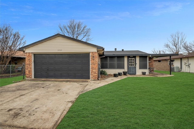 ranch-style home featuring driveway, an attached garage, central air condition unit, a front lawn, and brick siding