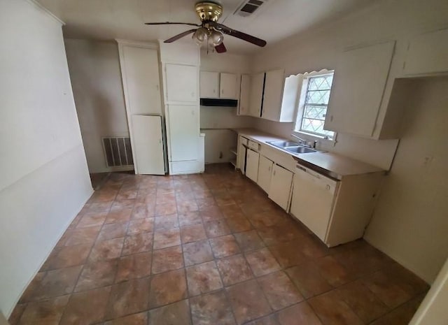 kitchen featuring white cabinets, ceiling fan, sink, and white dishwasher