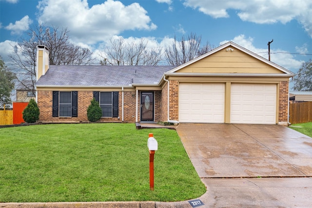 single story home with concrete driveway, brick siding, a front yard, and fence