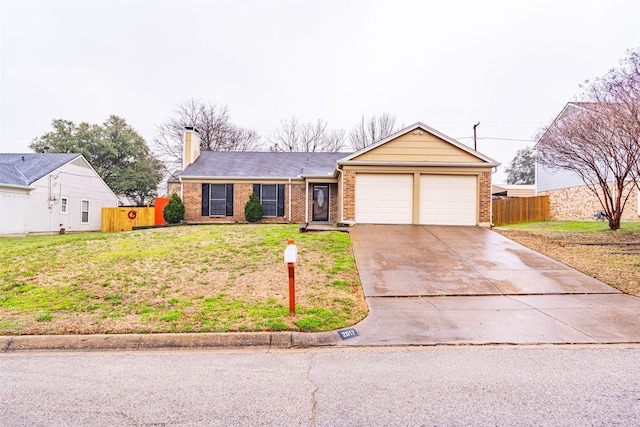 single story home featuring brick siding, a chimney, concrete driveway, an attached garage, and fence