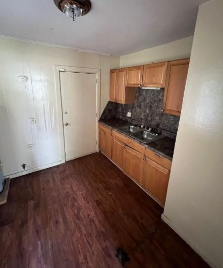 kitchen featuring ornamental molding, sink, dark hardwood / wood-style floors, and backsplash