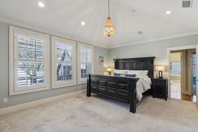 bedroom featuring a notable chandelier, crown molding, light colored carpet, and lofted ceiling