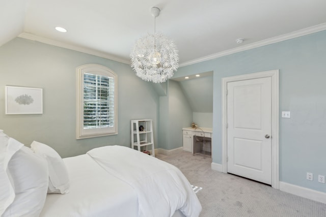 bedroom featuring ornamental molding, light carpet, vaulted ceiling, and a chandelier