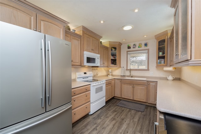 kitchen featuring dark hardwood / wood-style flooring, sink, white appliances, and light brown cabinets