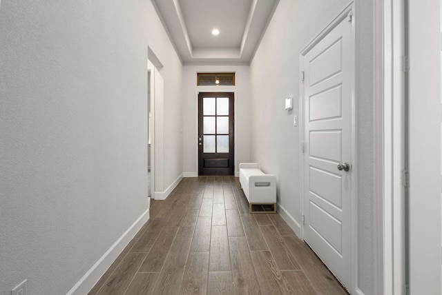5716 Turner May Dr, Fort Worth, TX 76126 - doorway to outside featuring dark wood finished floors, baseboards, and recessed lighting