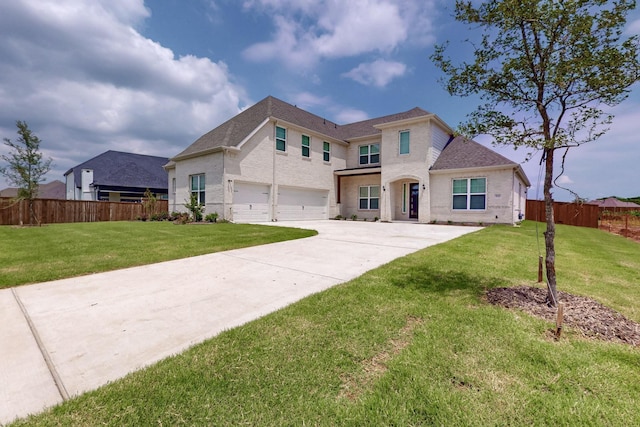 view of front of home featuring a front yard and a garage