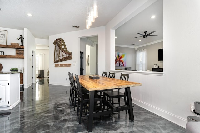 dining area with baseboards, visible vents, concrete flooring, and recessed lighting