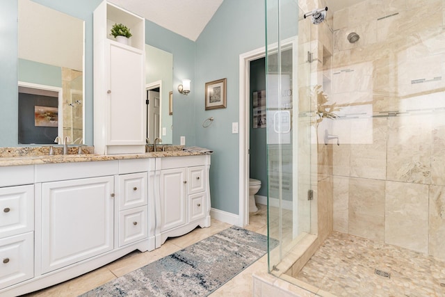 full bathroom featuring a sink, double vanity, a shower stall, and toilet