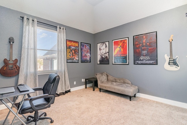 home office with carpet, vaulted ceiling, and baseboards