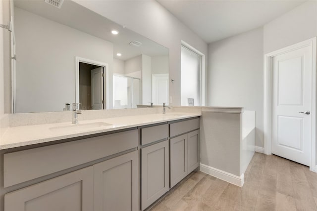 bathroom with hardwood / wood-style flooring, plus walk in shower, and vanity