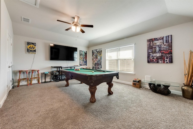 rec room with carpet, vaulted ceiling, ceiling fan, and pool table