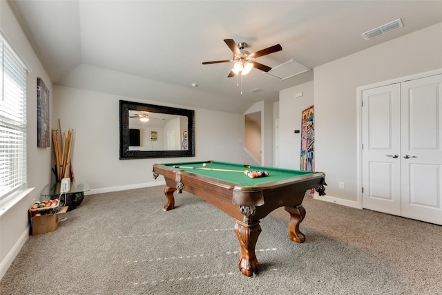 rec room with carpet, lofted ceiling, pool table, and ceiling fan