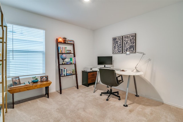 home office with a healthy amount of sunlight and light colored carpet