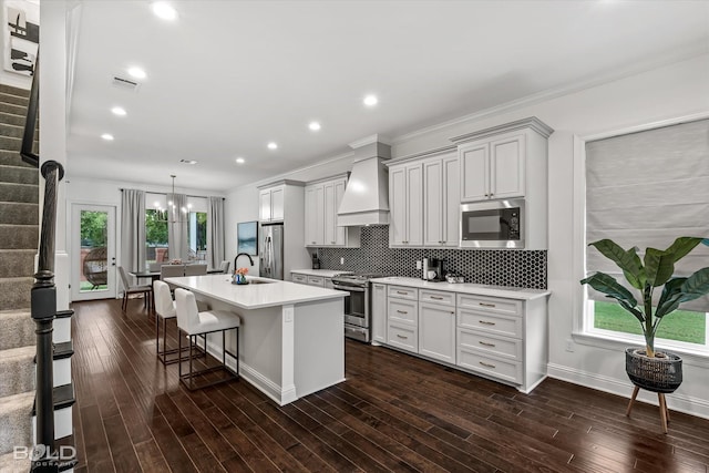 kitchen with an island with sink, custom exhaust hood, sink, appliances with stainless steel finishes, and decorative backsplash