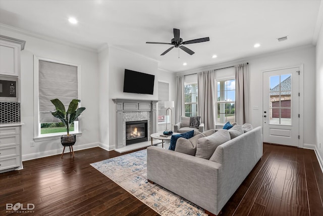 living room with a fireplace, ceiling fan, dark hardwood / wood-style flooring, and crown molding