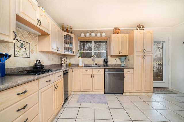 kitchen featuring ornamental molding, sink, black appliances, and light brown cabinets