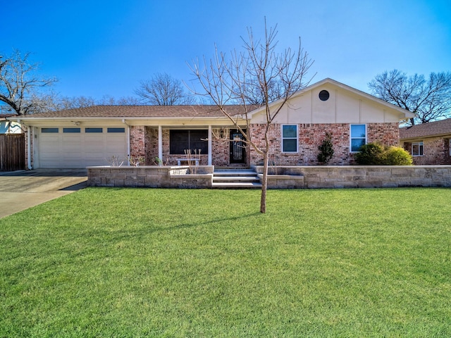 ranch-style house with a front yard and a garage