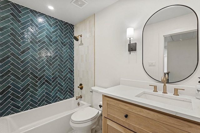 full bathroom featuring shower / bath combination, visible vents, vanity, and toilet